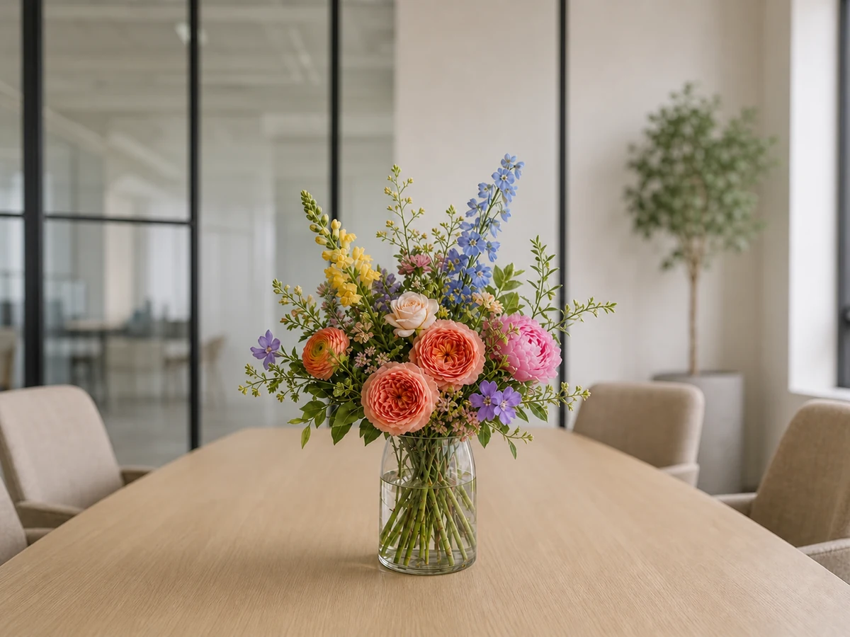 A medium seasonal flower arrangement in a clear glass vase on a modern meeting-room table