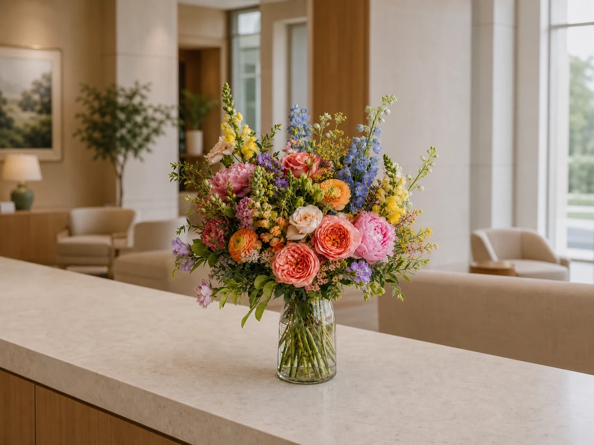 A large summer statement flower arrangement in a clear glass vase on a premium reception counter