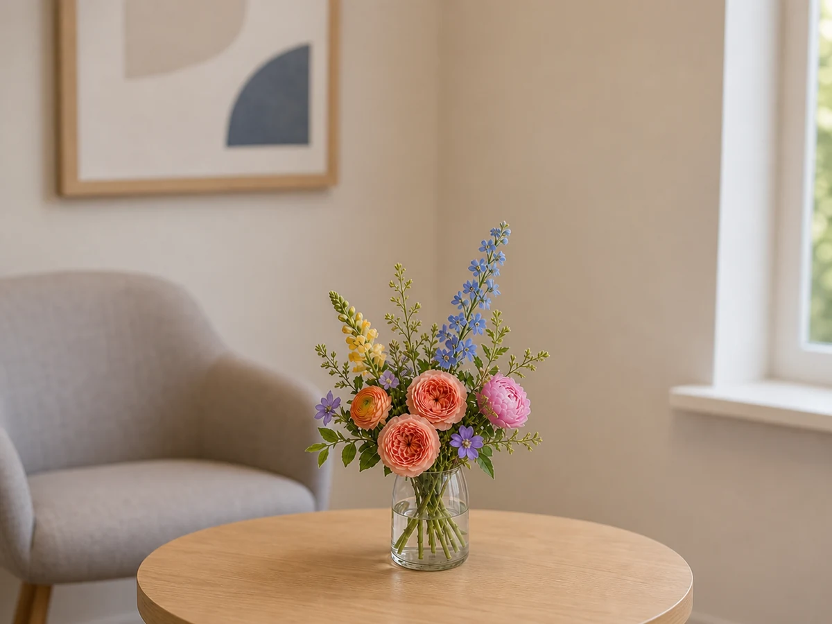 A compact seasonal flower arrangement in a small clear glass vase on a consulting-room side table